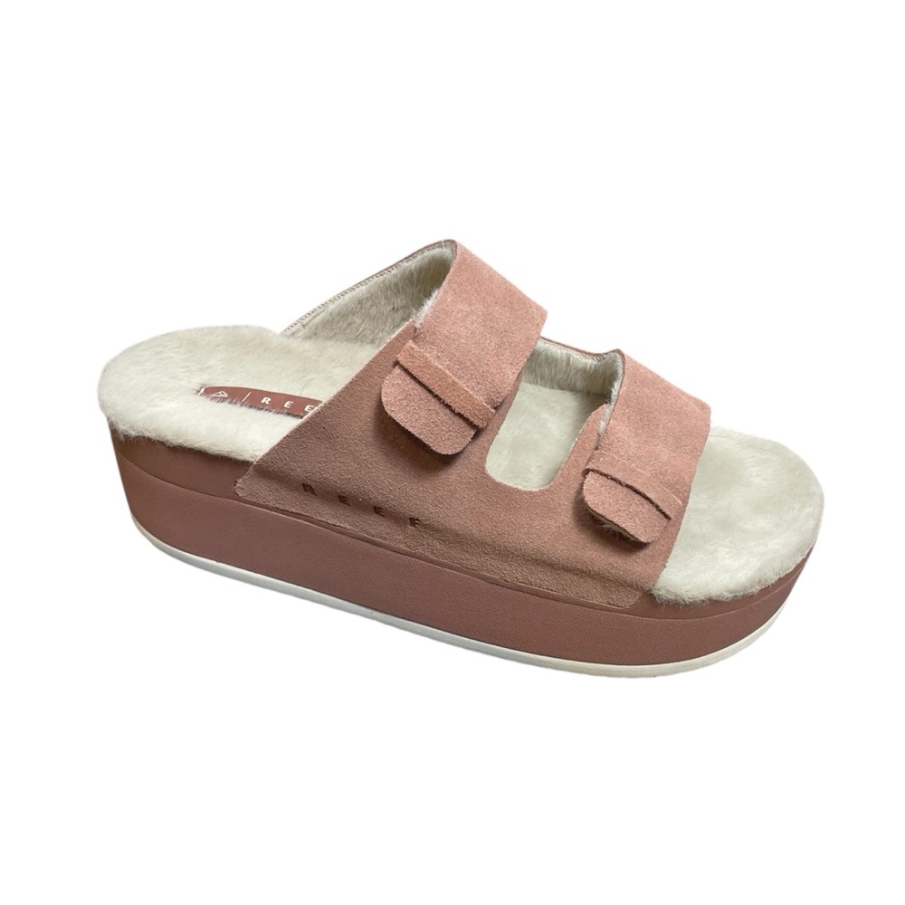 NWT Reef Ojai Ciara Slides 9 Pink Suede Fur Slipper Sandal Cork Two Strap House